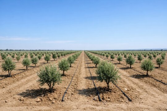 Massive commercial olive grove with rows of young trees reflecting agricultural overproduction and market surplus