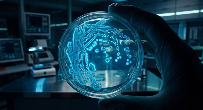 Microbiological laboratory glass Petri dish with glowing blue virus samples under microscope