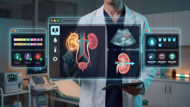 Men's health consultation, urologist reviewing bladder and prostate diagnostics, digital medical dashboard.