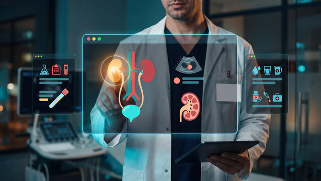 Urologist examining prostate and bladder health, reviewing urological diagnostics and men's medical care workflow.