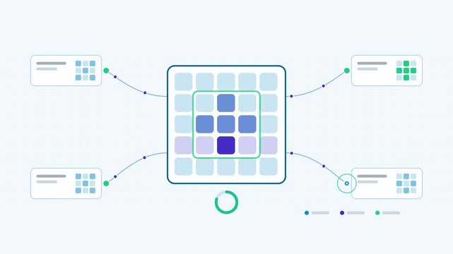 Seamless 4K looping animation showing a pattern recognition grid match presented as a node network. Flat vector icons, UI cards and animated connector lines move across a clean light background in blu