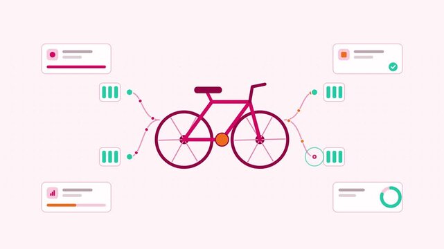 Animated bike sharing system station visualised as a central hub in a modern flat vector style. Smooth looping 4K motion graphic with soft warm red and coral colours, floating interface cards and flow