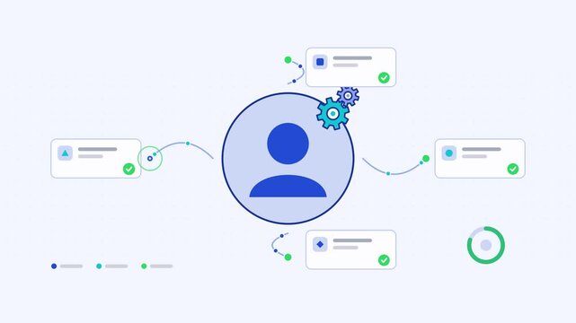 Seamless 4K looping animation showing a personalization engine variant delivery presented as a central hub. Flat vector icons, UI cards and animated connector lines move across a clean light backgroun