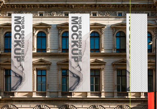 Vertical Banners Hanging over a Building Facade Mockup
