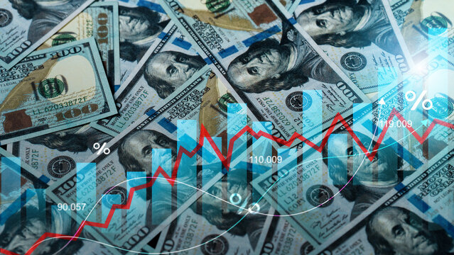 Rising inflation graph over dollar bills background. Represents global economy recession, high interest rates, tax increases, and corporate financial investment trading risk.