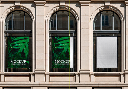 Vertical Banners Placed in arched Windows on a Facade Mockup