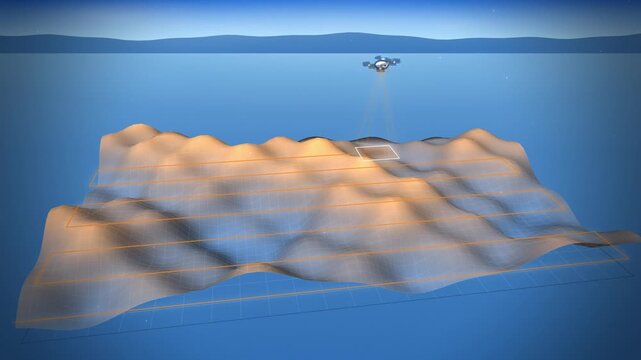 Survey drone mapping 3D terrain grid on blue background seamless loop