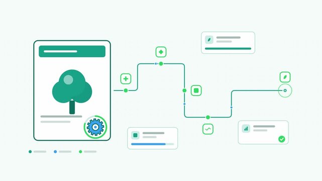 Animated carbon offset registry credit retirement visualised as a process flow in a modern flat vector style. Smooth looping 4K motion graphic with soft teal and turquoise colours, floating interface 