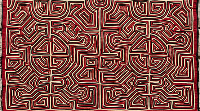 Mola maze seamless pattern, red black cream folk textile