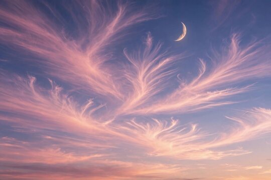 Pastel sunset sky with pink cirrus clouds and crescent moon