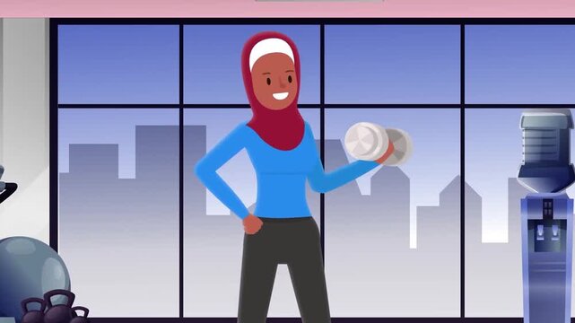 Muslim woman in hijab exercising with dumbbells in modern gym animation footage