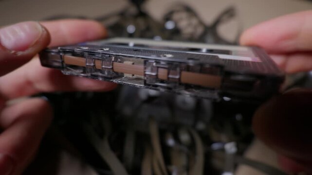 Hands hold a vintage audio cassette tape above tangled magnetic ribbons in close-up. Detailed tactile textures offer authentic assets for retro music documentaries.