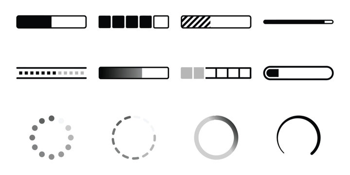 Loading bar icons set and load progress indication vector illustration. Black and white digital interface status indicators, preloader circles, and download progress bars.