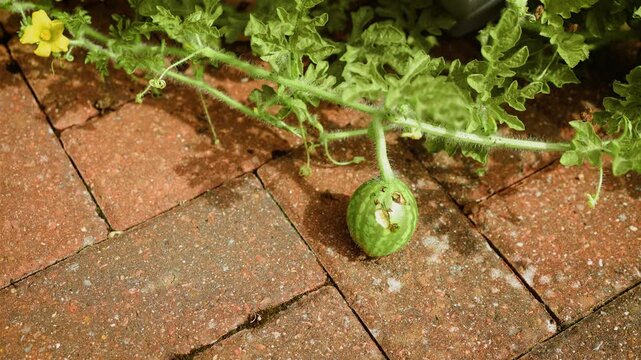 Damaged small watermelon hanging from healthy vine with visible animal bites on green skin. Home garden fruit beside brick walkway under natural sunlight. Crop damage, garden pests, organic growing