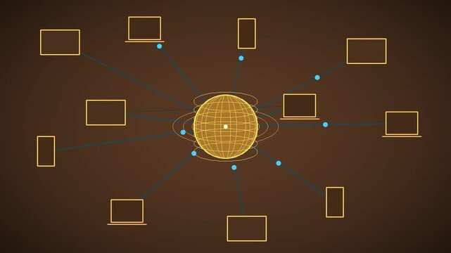 Global data center network connection with central server and orbiting devices video loop