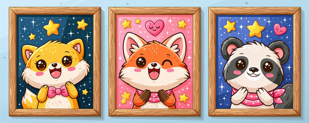 Fototapeta premium Window child poster kid room decor cartoon playful animal illustration framed artwork