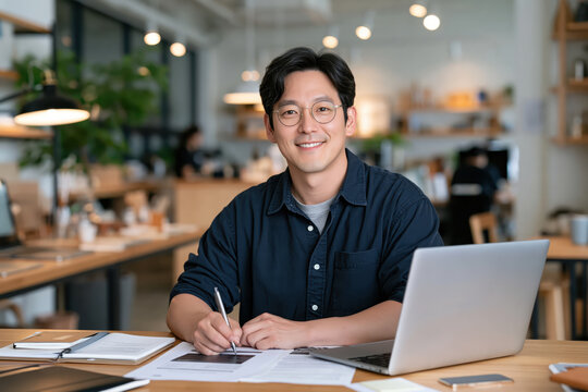 Korean man small business owner sitting at desk smiling in cafe workspace