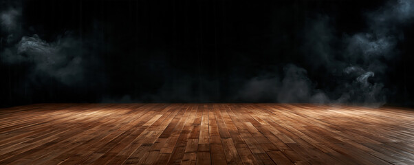 Fototapeta premium Wooden stage floor under dark smoky background creating dramatic empty space for theater or event backdrop