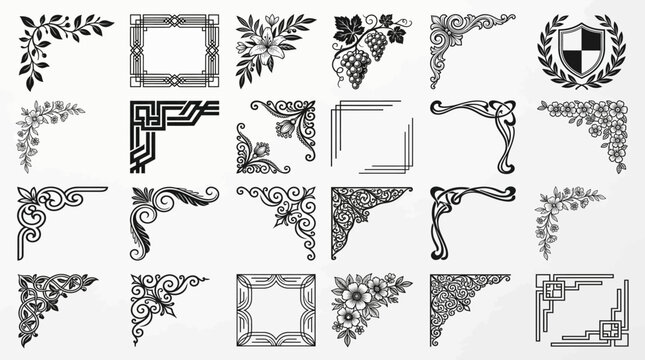 Decorative Corner Borders and Vintage Floral Frame Elements Set in Black and White for Elegant Invitation Design, Filigree Ornaments, Art Deco Dividers, and Victorian Flourishes on White.