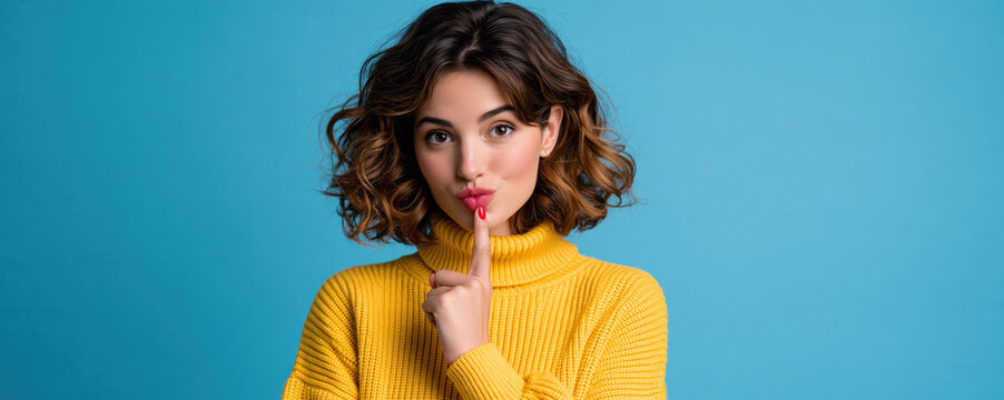Curly haired woman in yellow sweater making quiet gesture against blue background with playful expression and raised finger