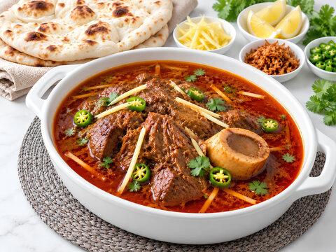 Pakistani Nalli Nihari with Naan and Traditional Garnishes
