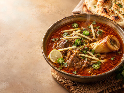 Pakistani Nalli Nihari with Bone Marrow, Naan and Copy Space