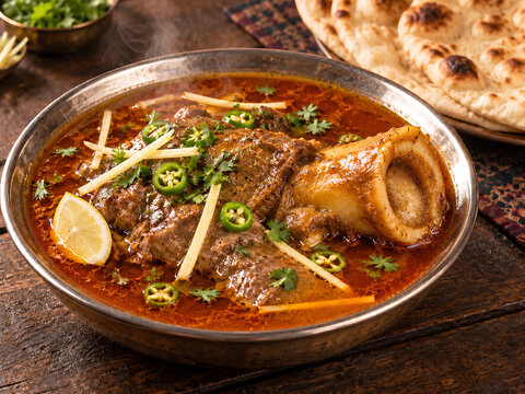 Traditional Pakistani Nalli Nihari with Bone Marrow and Naan