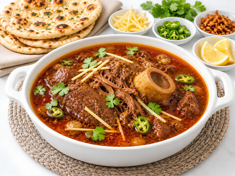 Pakistani Nalli Nihari with Bone Marrow, Naan and Garnishes