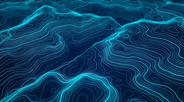 Abstract Topographic Map Lines Background Featuring Glowing Blue Contour Patterns in a Three Dimensional Landscape Render