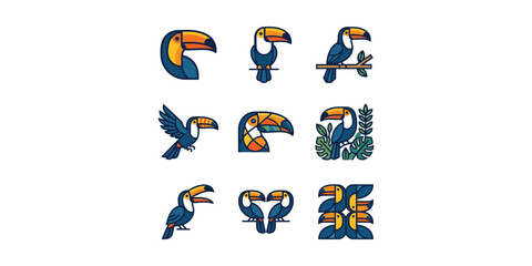 Fototapeta premium Set of colorful toucan bird illustrations in various poses and artistic styles.