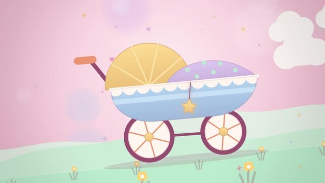 Pink sky baby pram with yellow hood rolling on hills seamless loop