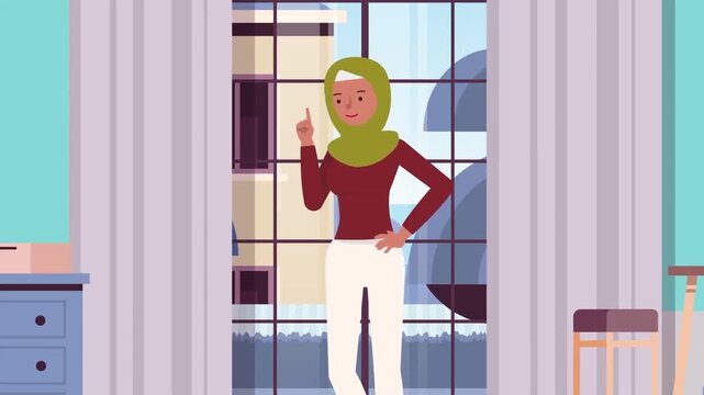 Animated muslim woman pointing finger and explaining concept inside an office interior scene stock video footage