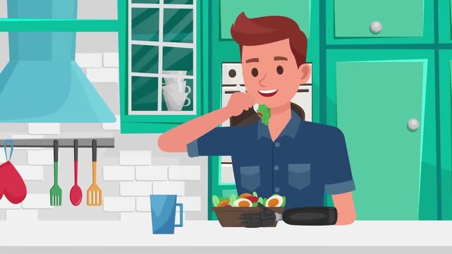 Disabled man with prosthetic arm eating healthy salad in kitchen animation video clip