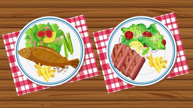 Dinner plates with fish and steak animation footage on wooden table background for restaurant motion graphics
