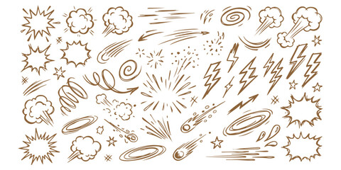 Set of hand drawn comic book action elements like explosions smoke and lightning bolts ©  creative  marlia