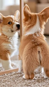 Curious Corgi puppy looking at its reflection in a floor mirror in a bedroom