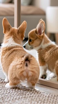 Curious Corgi puppy looking at its reflection in a floor mirror in a bedroom