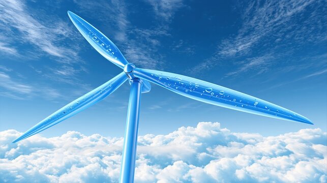 A glossy blue turbine with water droplets spins against a vibrant sky filled with clouds.