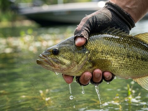 Close up of a fisherman holding a freshly caught bass over lake water