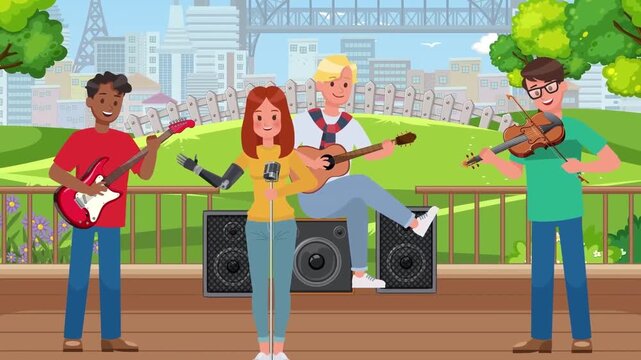 Diverse young musicians performing music together outdoors in a sunny park with colorful animated instruments video
