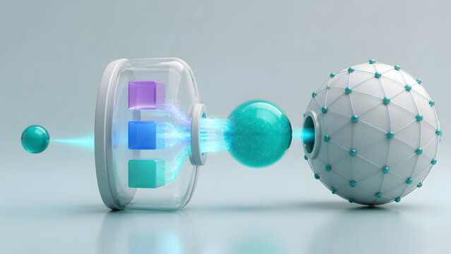 Colorful information panel connected to glowing neural spheres