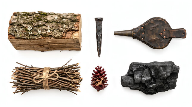 Six rustic winter fireplace firewood and kindling items isolated on white