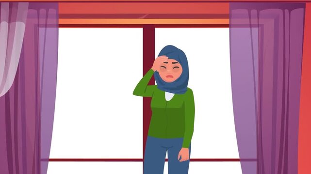 Depressed Muslim woman in hijab standing by window feeling sad and lonely in animated motion video