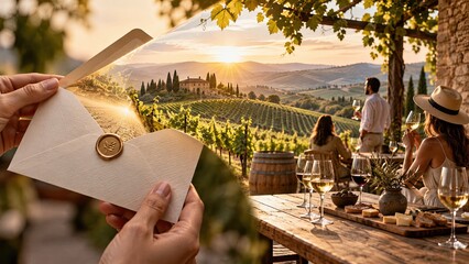 Fototapeta premium Hands presenting an experience gift envelope revealing a scenic vineyard wine tasting at sunset instead of a physical object.