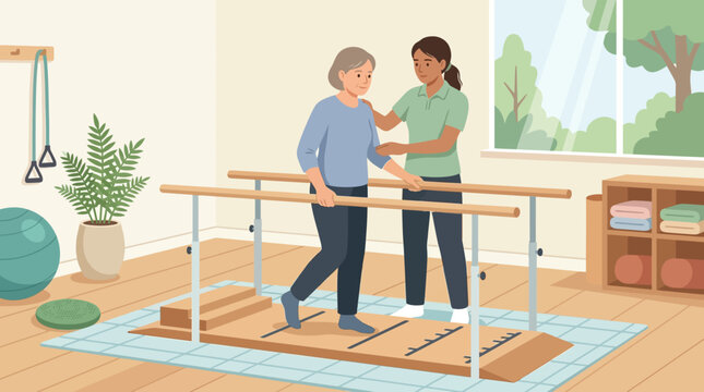 Physical Therapist Helping Elderly Woman Walk with Parallel Bars
