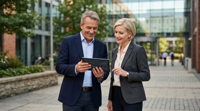 A smiling business man and woman review digital reports on a tablet computer outdoors, collaborating on real estate projects in a modern corporate plaza with natural daylight