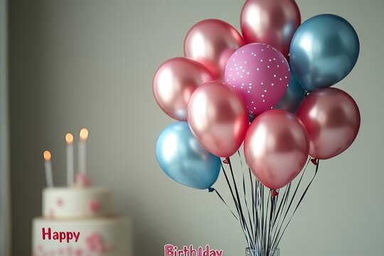Happy birthday card with balloons and ribbons on a white background "Happy Birthday" text elegant font with a gold and blue color scheme, and confetti, Generative AI