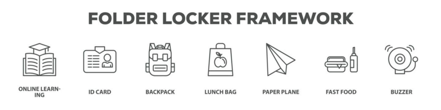 Folder Locker Framework with icon of Online learning, Id card, Backpack, Lunch bag, Paper plane, Fast food, Buzzer
