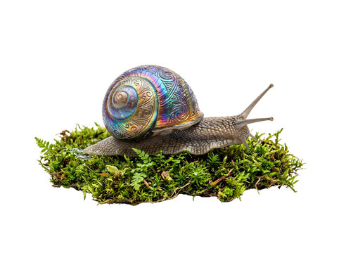 Ornate iridescent rainbow shell snail crawling over a lush green moss patch