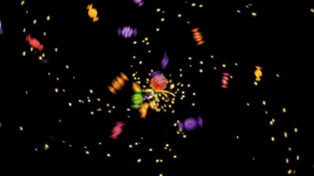 Animation Ghost flying past a dark mansion with falling candies with spooky house falling falling candy text Halloween party, banner, social media feed, glowing Video.